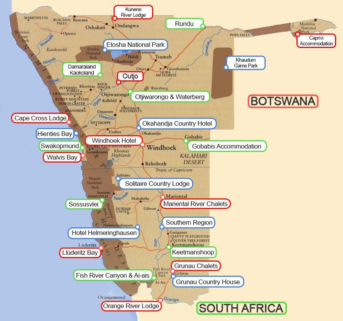 Ramani ya nyumba za kulala wageni Namibia