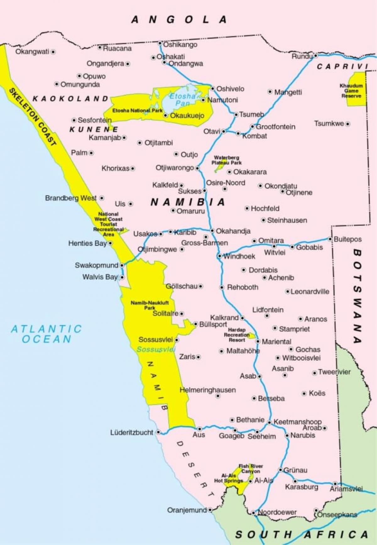 Ramani ya Namibia kuonyesha miji